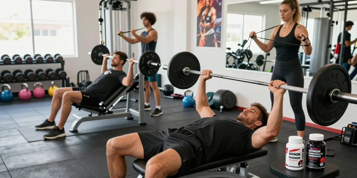 Trainingsszene mit Utinon-Steroiden in einem modernen Fitnessstudio, starke Athleten bei Übungen.