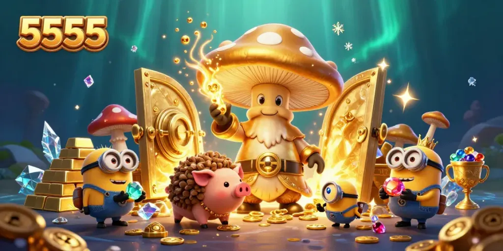 Experience the magic of 5555 as the golden mushroom wizard transforms treasure in a lively casino scene.