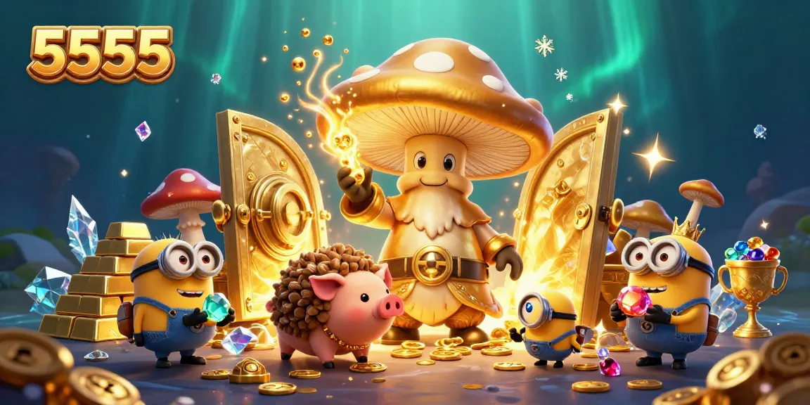 Experience the magic of 5555 as the golden mushroom wizard transforms treasure in a lively casino scene.