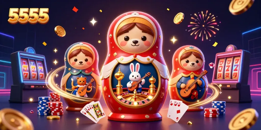 Engage with the vibrant 5555 casino scene featuring playful characters and dynamic gameplay elements.