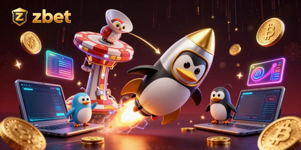Experience the thrill of zbet with a golden penguin blasting through space toward a vibrant casino space station, rich in detail.