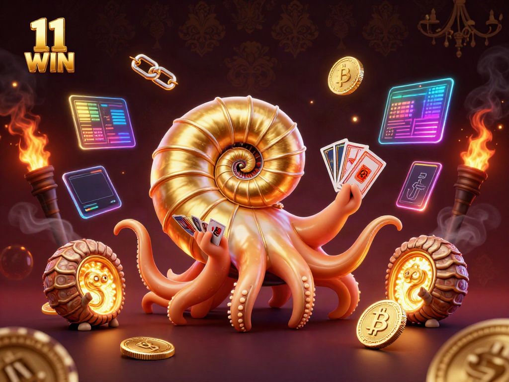 Experience 11 WIN with a vibrant scene featuring a giant nautilus and crypto elements showcasing interactive gaming.