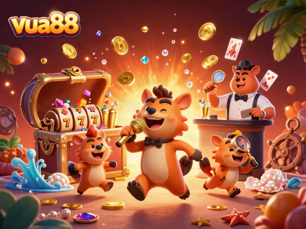Experience exciting gambling adventures at VUA88 with vibrant cartoon hyenas in a colorful casino scene.