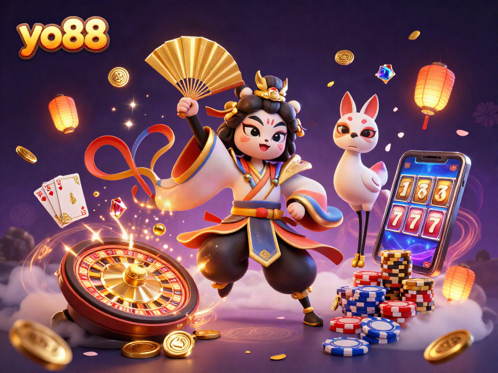 Engage with yo88's vibrant 3D casino scene showcasing kabuki warriors and thrilling game elements.