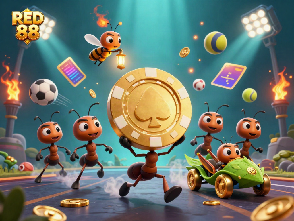 Engaging scene of ants on a heist with a large poker chip, showcasing the vibrant atmosphere of RED 88 casino.
