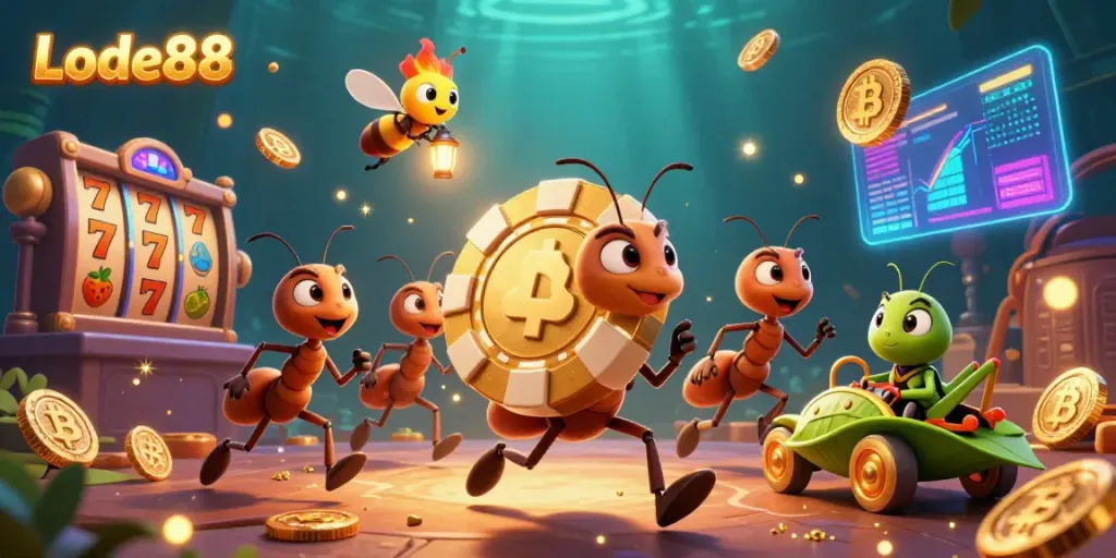 Engage with Lode88's thrilling heist imagery featuring cartoon ants carrying a golden poker chip in a lively casino setup.