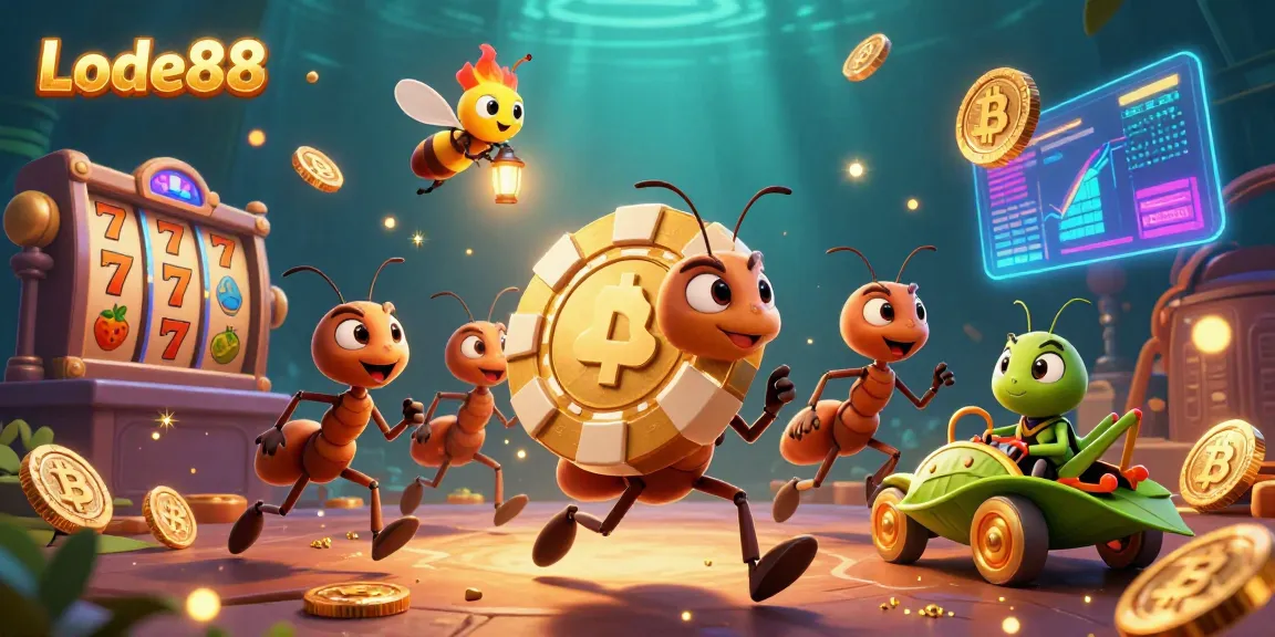 Engage with Lode88's thrilling heist imagery featuring cartoon ants carrying a golden poker chip in a lively casino setup.