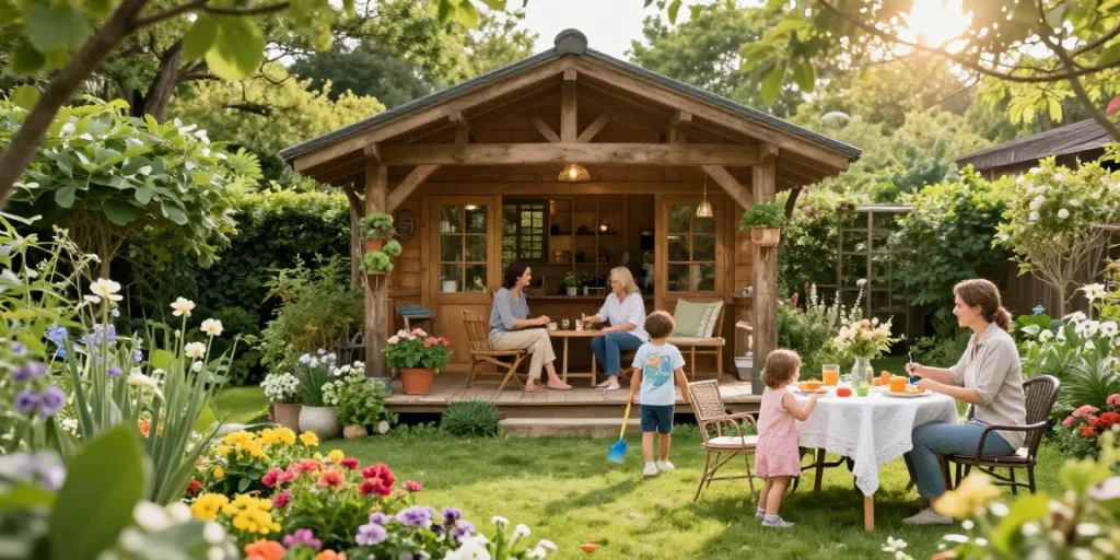 Wunderschönes Gartenhaus in einem einladenden Garten mit blühenden Blumen und spielenden Kindern.