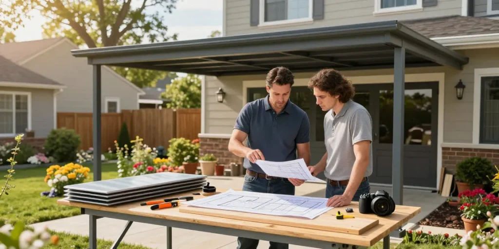 Moderne Carport-Installation mit Handwerker und Hausbesitzer im Garten.