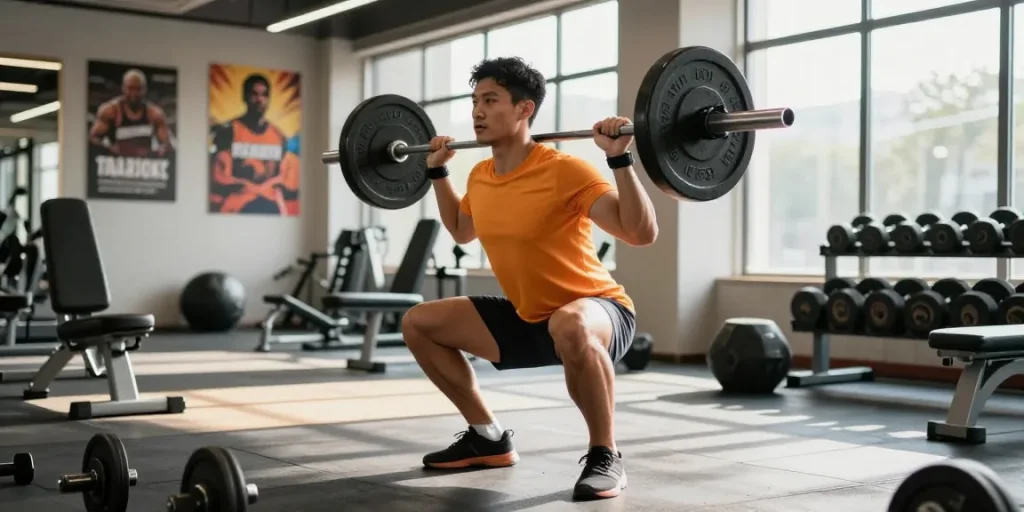 Ein sportlicher Athlet im Unique Pharma Shop beim Krafttraining mit Gewichten in einem modernen Fitnessstudio.