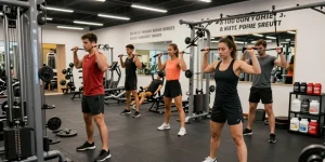Anabolika Shop: Fitnessbegeisterte im modernen Trainingsstudio mit motivierender Atmosphäre und inspirierenden Zitaten.