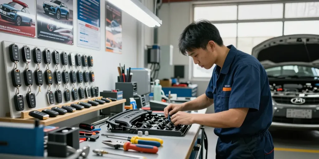 Techniker arbeitet an Autoschlüsseln und Lösungen für Hyundai und Kia, zeigt bitte schön Expertise.