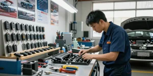 Techniker arbeitet an Autoschlüsseln und Lösungen für Hyundai und Kia, zeigt bitte schön Expertise.