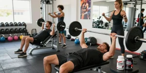 Trainingsszene mit Utinon-Steroiden in einem modernen Fitnessstudio, starke Athleten bei Übungen.