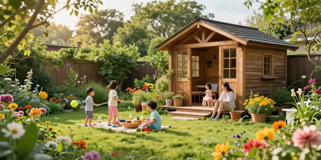 Schönes Gartenhaus Holz in einem einladenden Garten mit fröhlichen Familienaktivitäten.